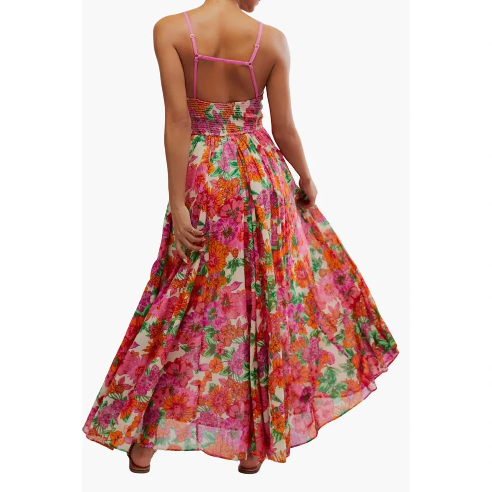FREE PEOPLE PINK FLORAL DREAM WEAVER BOHO MAXI DRESS SZ XS